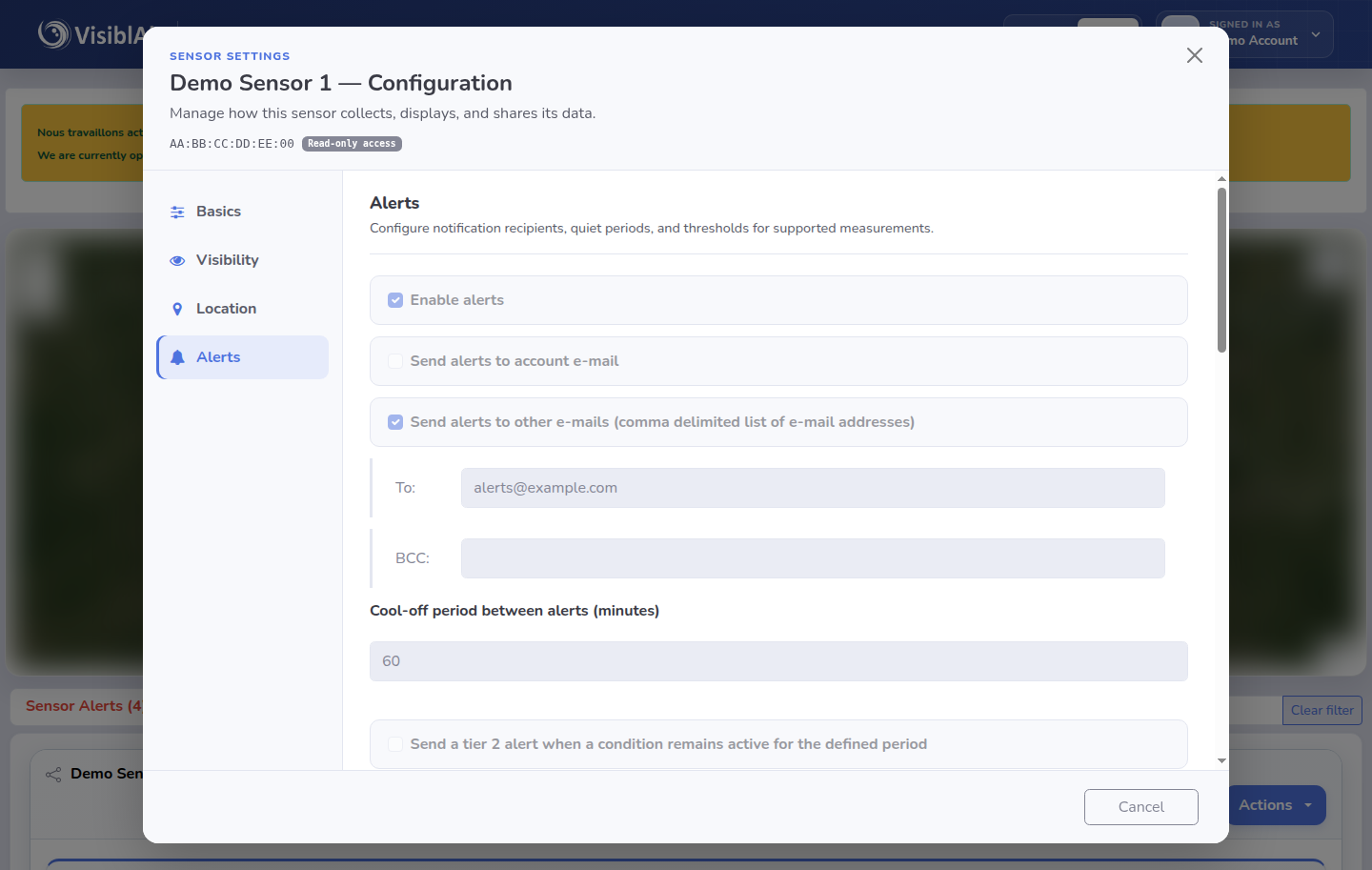 An anonymized VisiblAir Cloud Portal alert settings screen with recipients, a cool-off period and Tier 2 alert options
