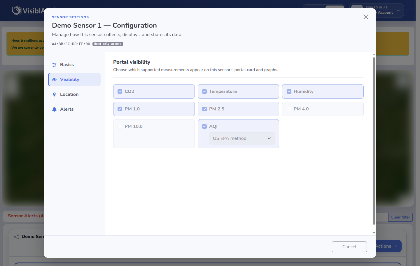 An anonymized VisiblAir sensor Visibility tab with metric checkboxes and an AQI calculation method selector