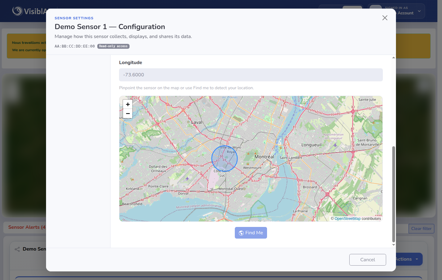 The VisiblAir sensor positioning map showing a fictional location marker and a Find Me button