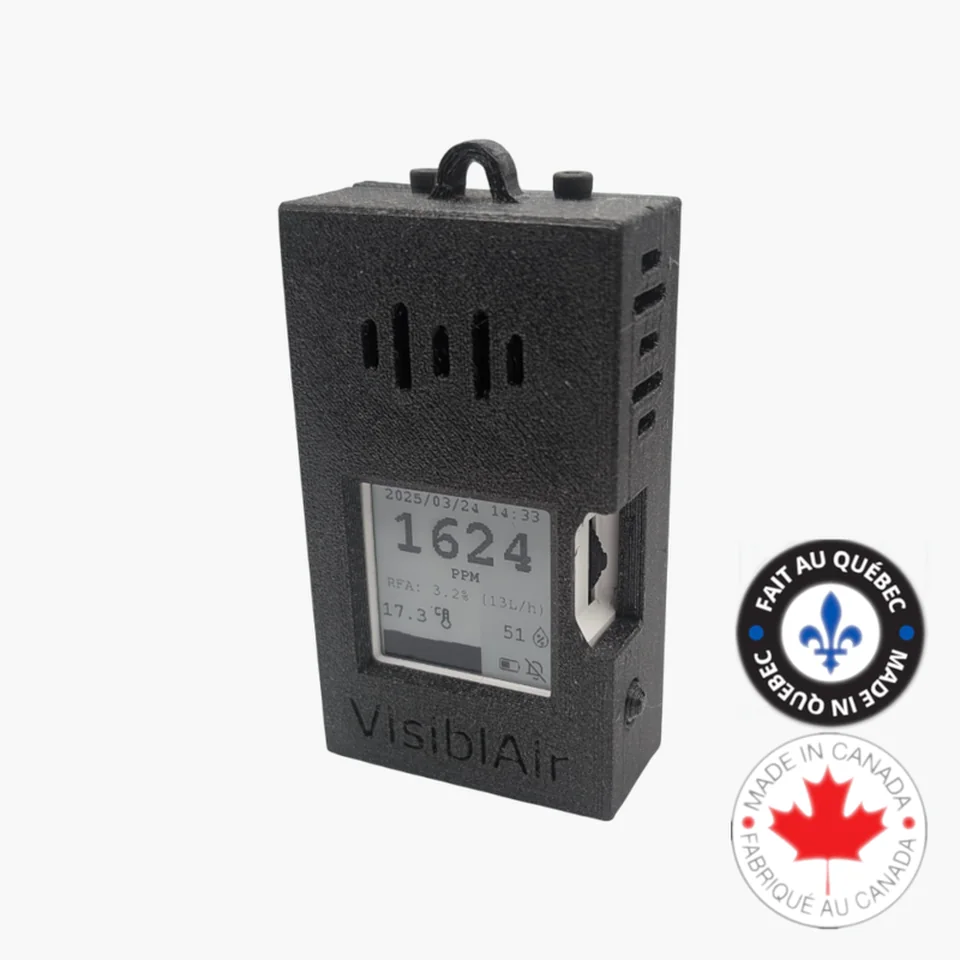 Black VisiblAir Model D showing its CO2, temperature, and humidity display