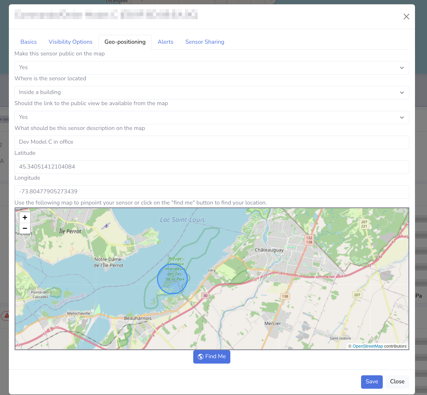 Geo-positioning tab with the public map visibility setting and latitude and longitude fields